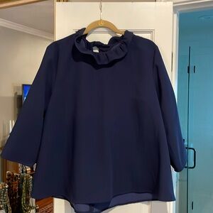 Tuckernuck Classic! Adorable Navy 3/4 sleeve blouse with ruffle and bow in back